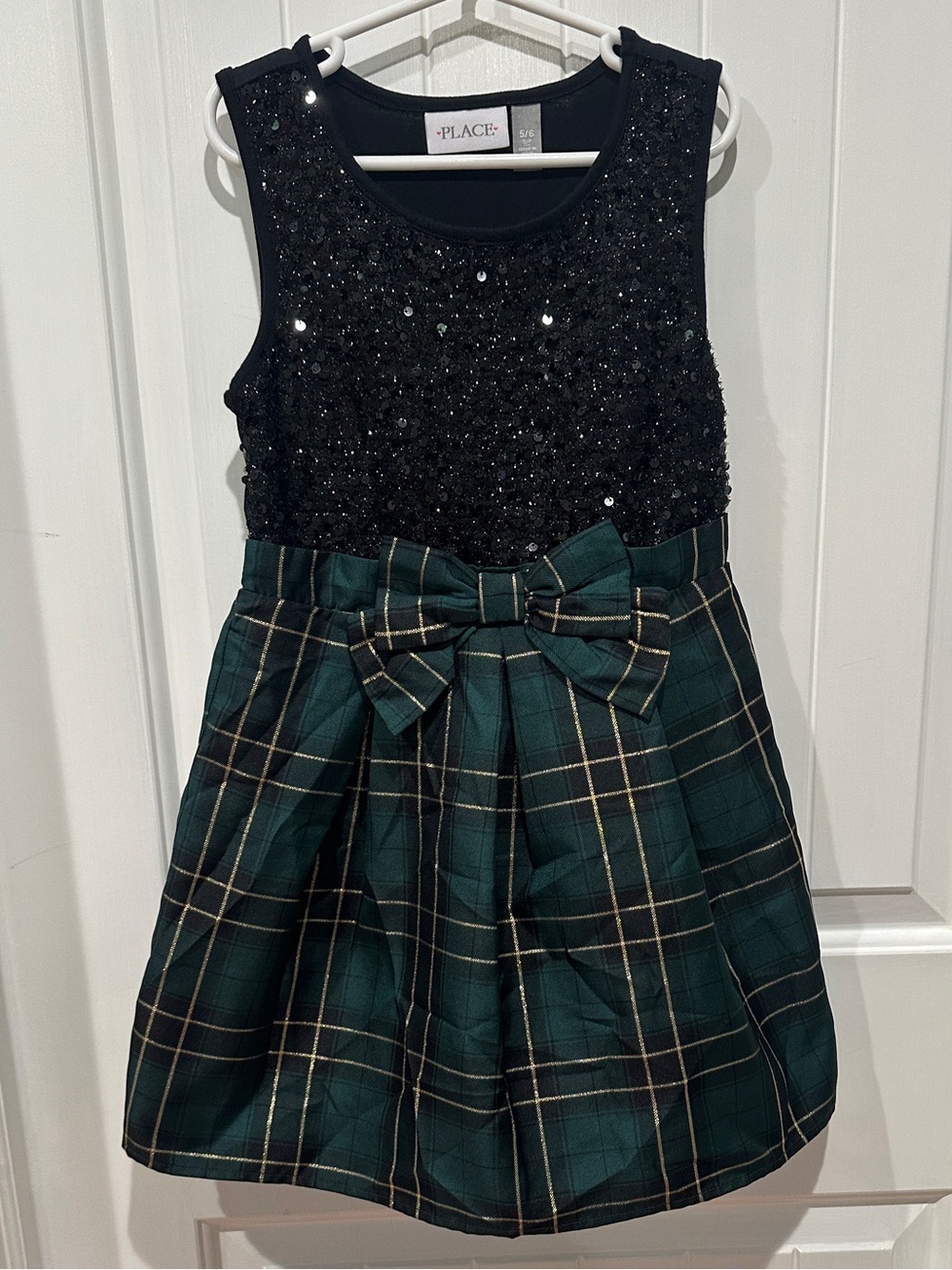 Children’s Place Dress- Black Sequin Top with Dark Green Plaid Bow Skirt - Girls